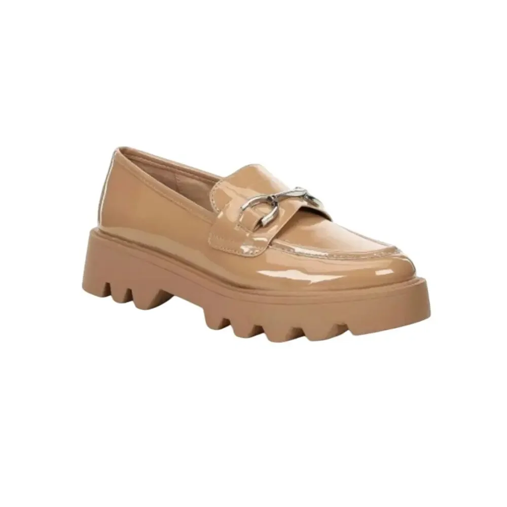 Chelsea & Violet 8M Tan Patent PU Horsebit Link Chunky Sole Platform Loafers